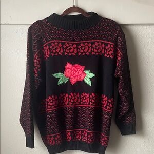 Vintage Adele Knitwear floral rose sparkly Christmas style mock neck sweater